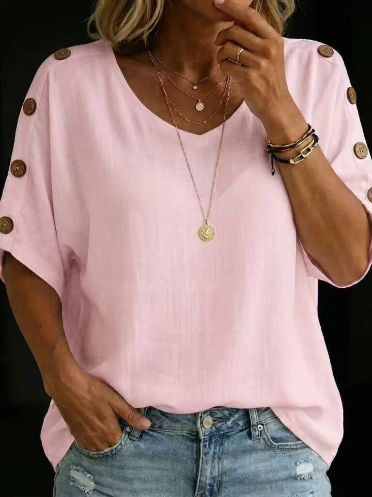 Casual Fashion Buttoned Crew-Neck Pullover Womens T-Shirt