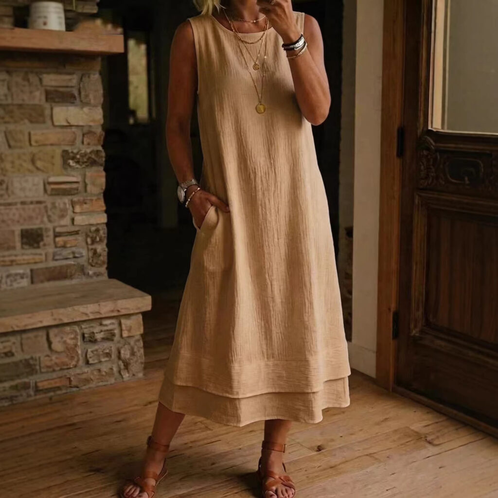 Women's Fashion Casual Cotton-Linen Crew-Neck Sleeveless Dress