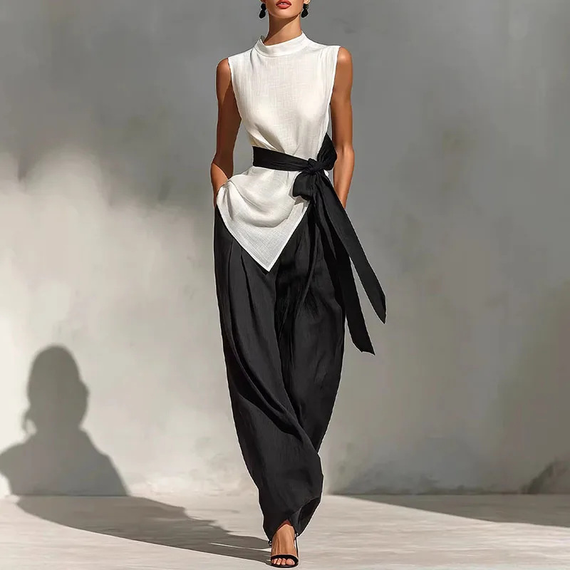 Womens Lace-Up Sleeveless Top And Wide-Leg Pants Two-Piece Set - Image 1