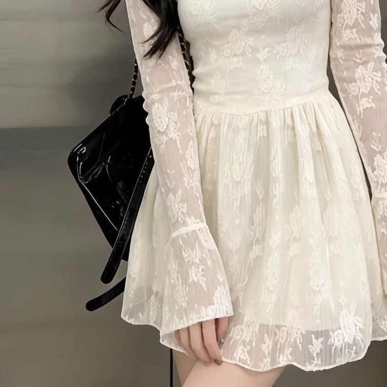 Korean-style Milk Apricot Long-Sleeve Lace Patchwork Dress - Image 5