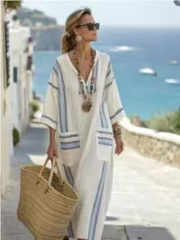 Beach Vacation Long Striped Embroidered Dress - Image 13