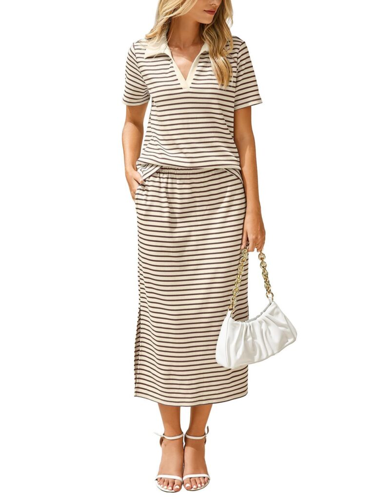 Womens Lapel T-shirt And Slit Skirt 2-piece Set