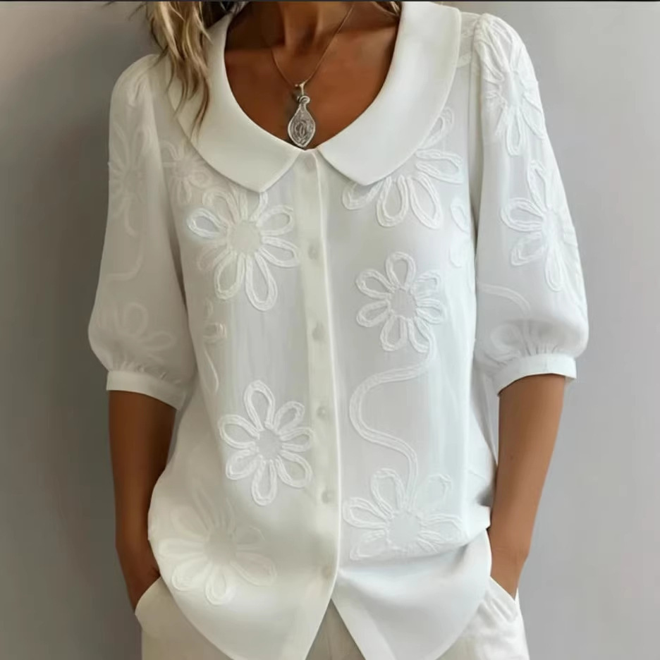 Loose-fit Retro Buttoned 3D Embroidered Floral Shirt - Image 5