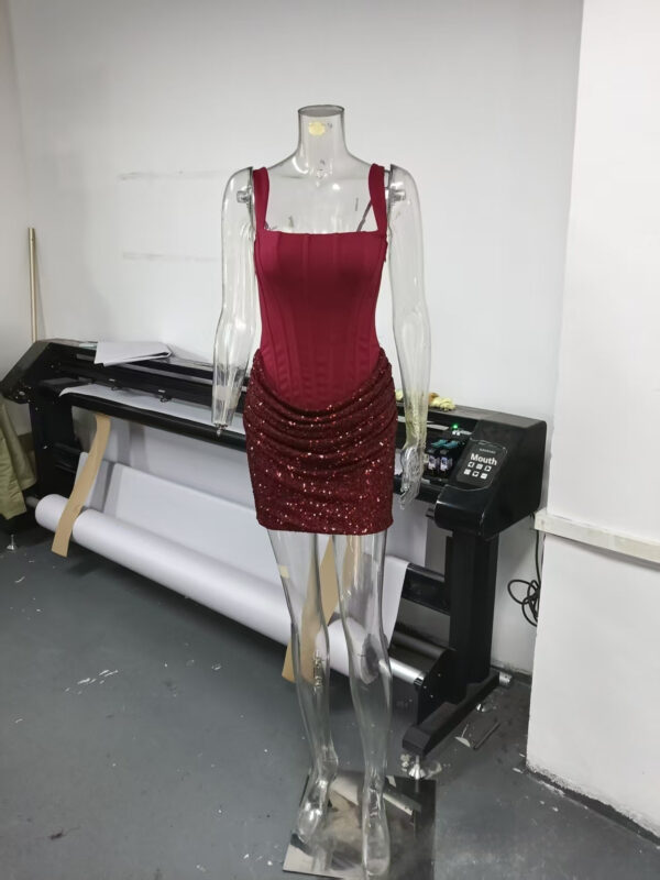 Women's Patchwork Wine-Red Sheath Mini Dress - Image 16