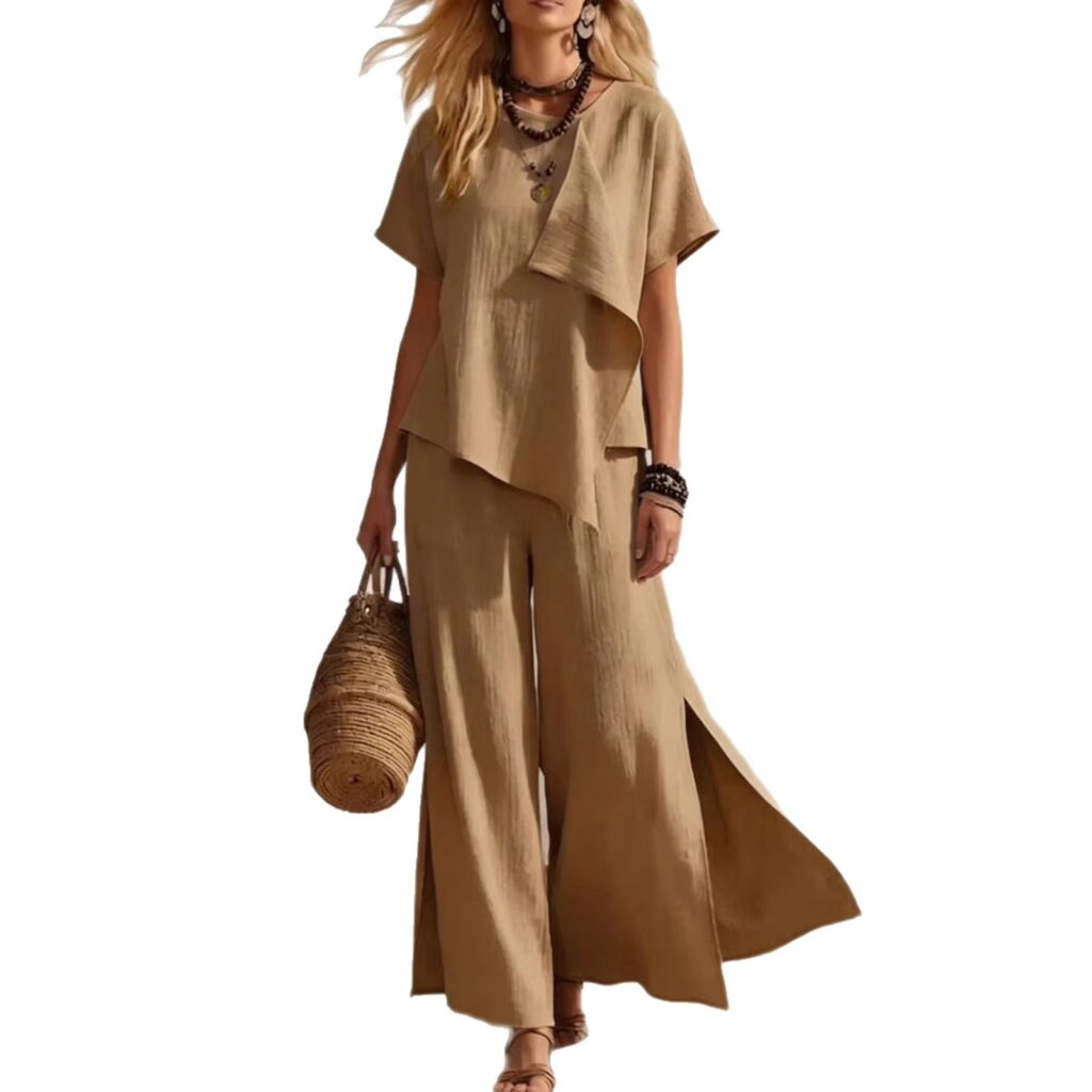 Casual Asymmetrical Short-sleeve Top And Slit Wide-leg Pants Set