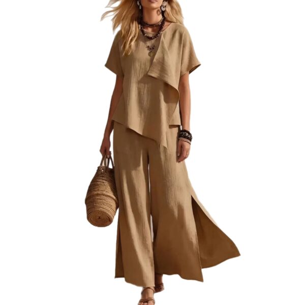 Casual Asymmetrical Short-sleeve Top And Slit Wide-leg Pants Set - Image 3