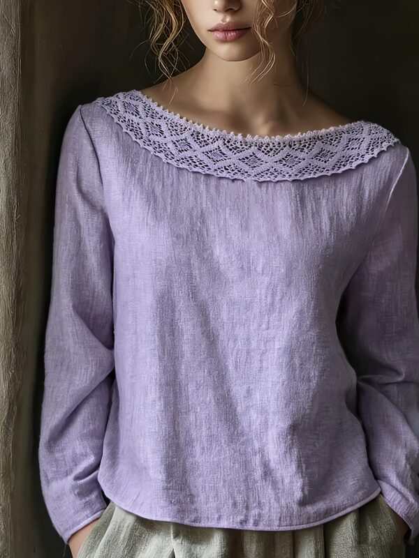 Lace-trimmed Patchwork Artistic Vintage Laid-back Style Loose Boat-neck Long-sleeve Top - Image 5