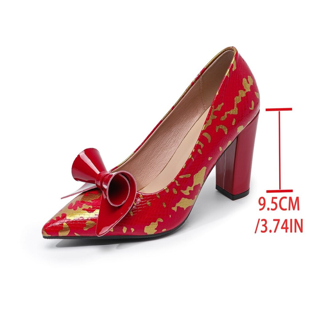 Pointed-toe Low-cut Floral Womens Pumps With A Bow And Chunky Heel