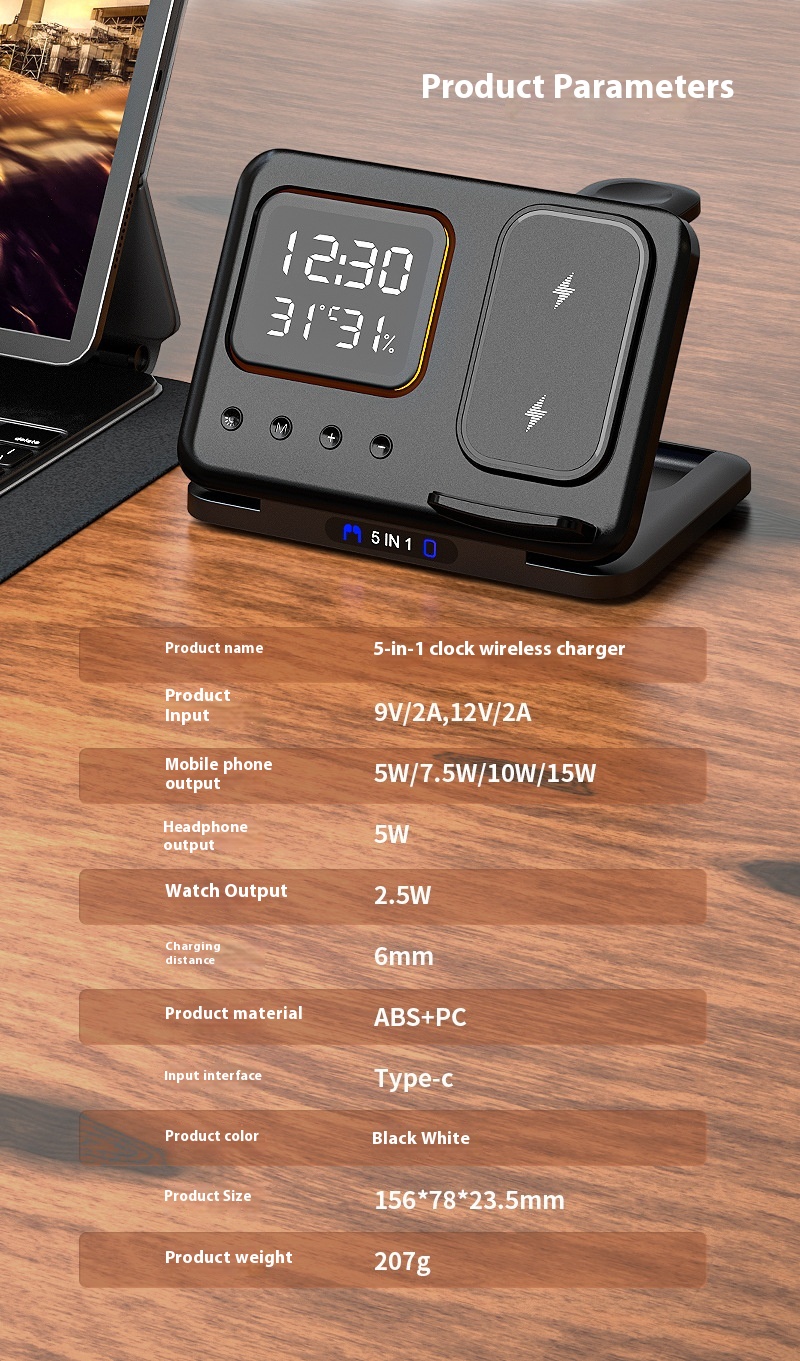15W Wireless Chargers Stand 5 In1 LED Digital Alarm Clock Fast Charging Dock Station - Image 12