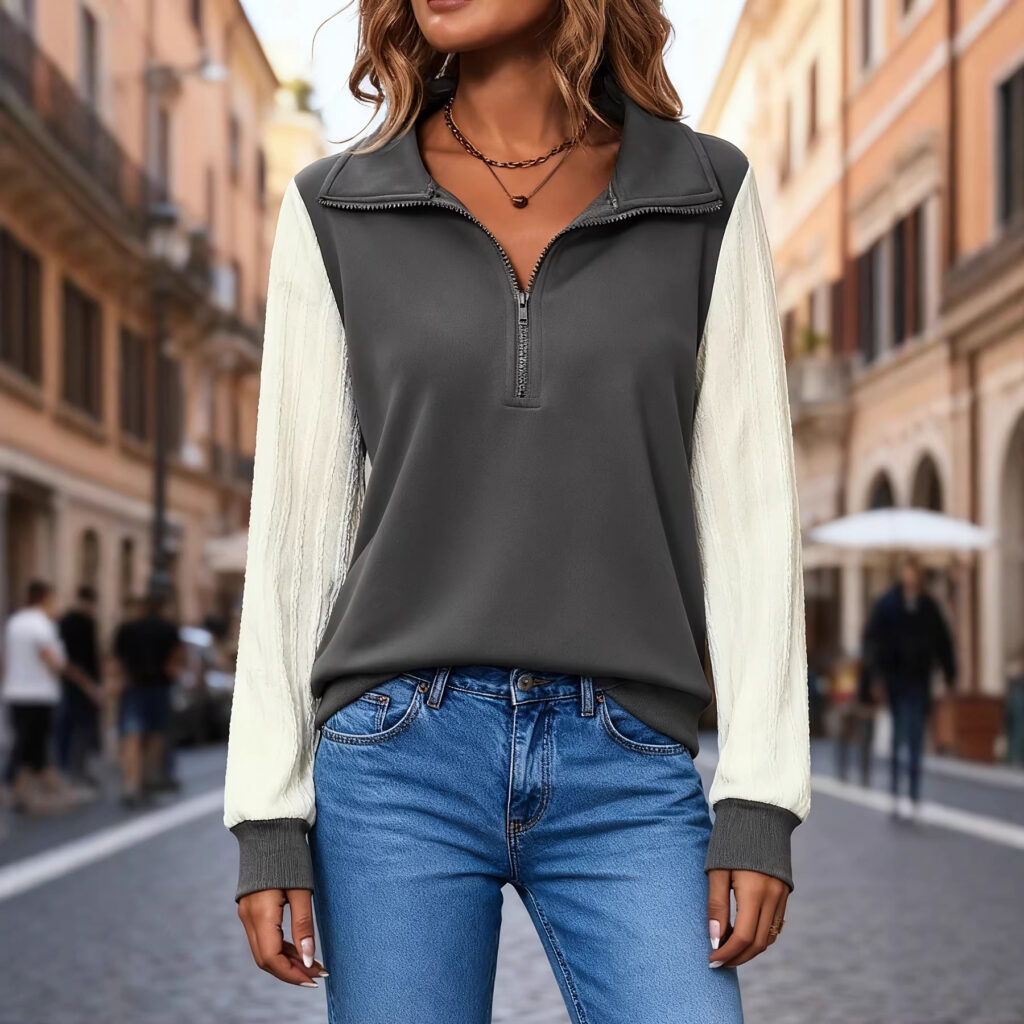 Women's Spring And Autumn Half Zipper Color Blocked Casual Long Sleeved Hoodie