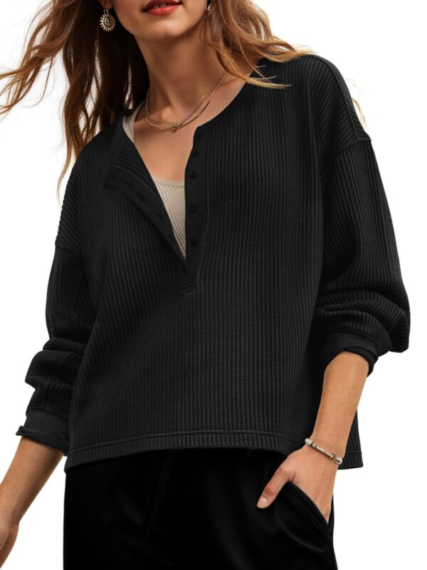 Fisoew Womens Cropped Sweatshirt Casual Waffle Knit Button V Neck Long Sleeve Loose Fit Fall Crop Tops - Image 26