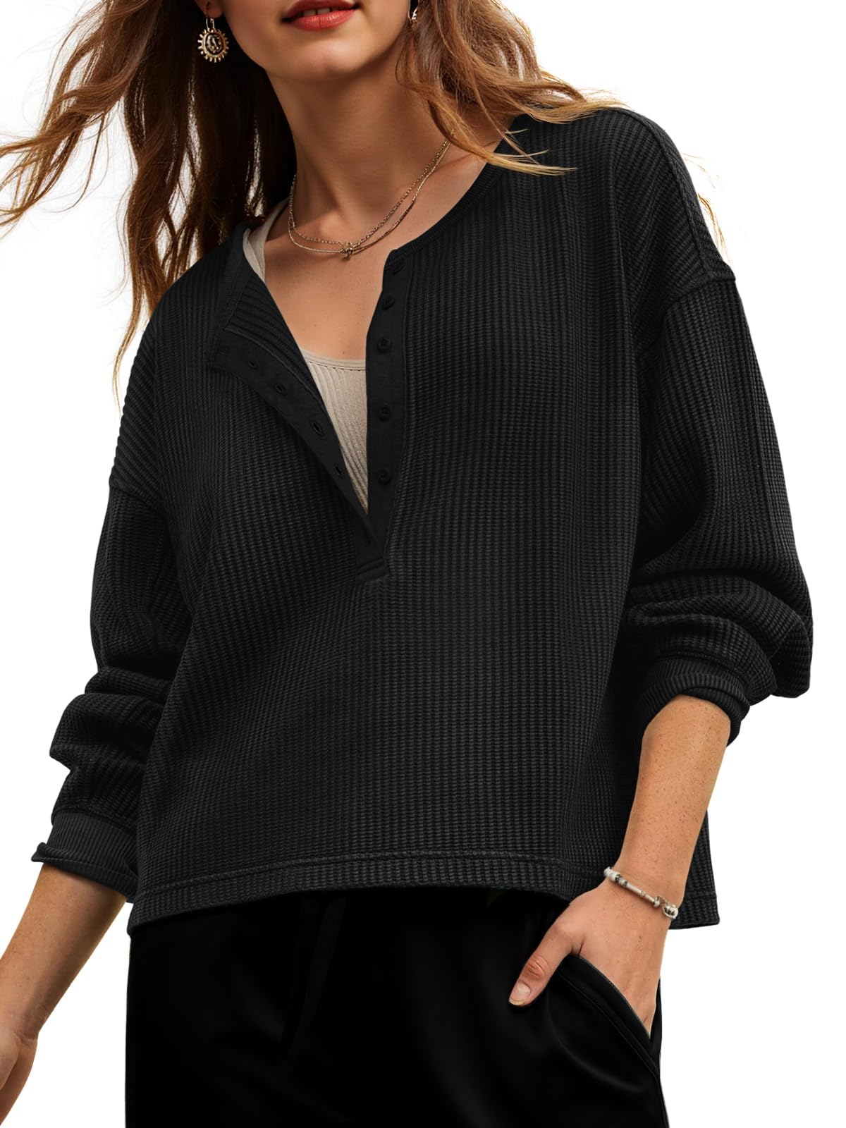 Fisoew Womens Cropped Sweatshirt Casual Waffle Knit Button V Neck Long Sleeve Loose Fit Fall Crop Tops - Image 26