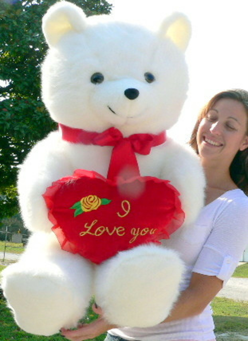 American Made Giant White Teddy Bear Holding I Love You Heart Pillow - Image 2