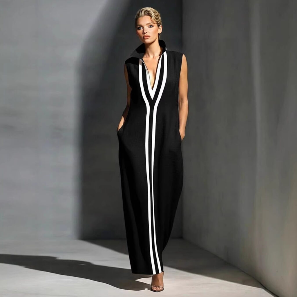 V-neck Sleeveless Contrast-striped Maxi Dress