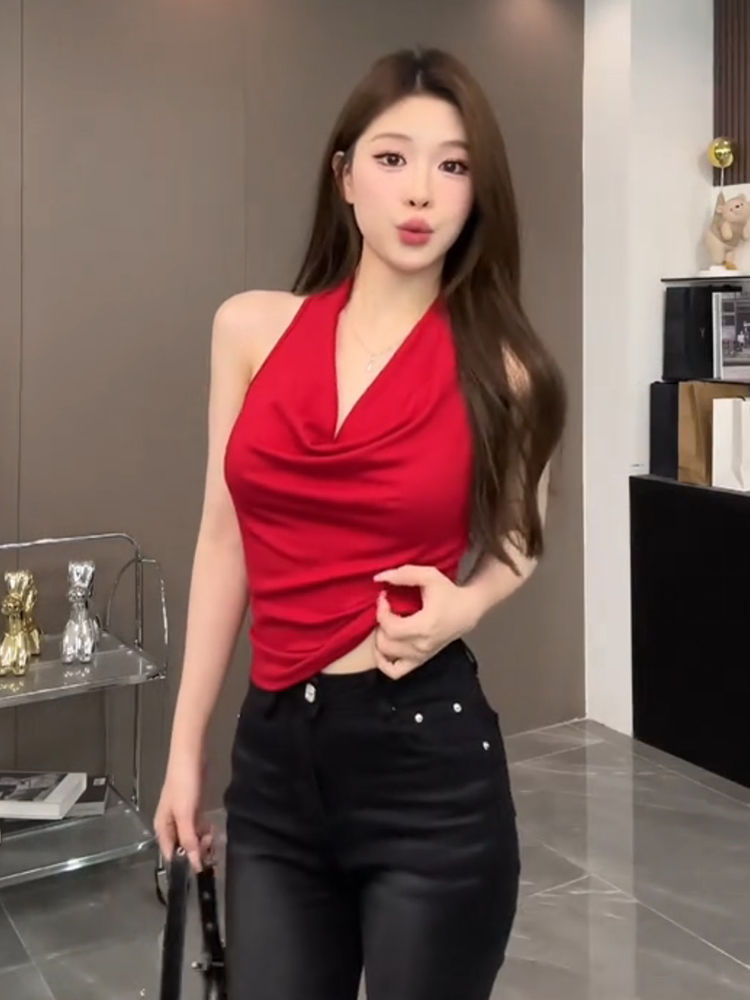 Red Backless Slash-Neck Sleeveless Tank Top Women