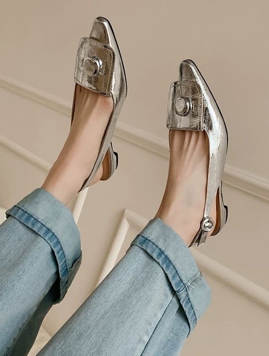 French Retro Metal Buckle Pointed Toe Slingback Flats For Women - Image 7