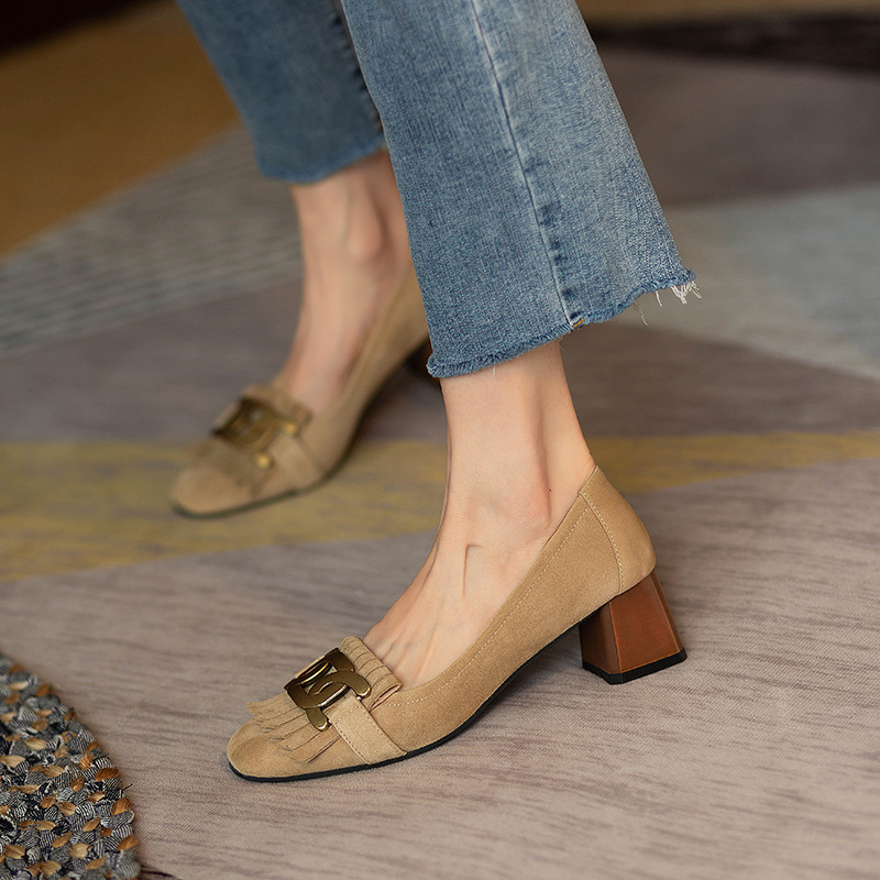 Square-toe Metal-buckle Chunky-heel Womens Shoes