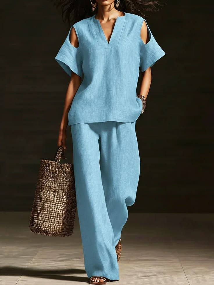 Womens Solid-Colored V-Neck Straight-Leg Pants Short-Sleeve Set With Ripped Details - Image 14