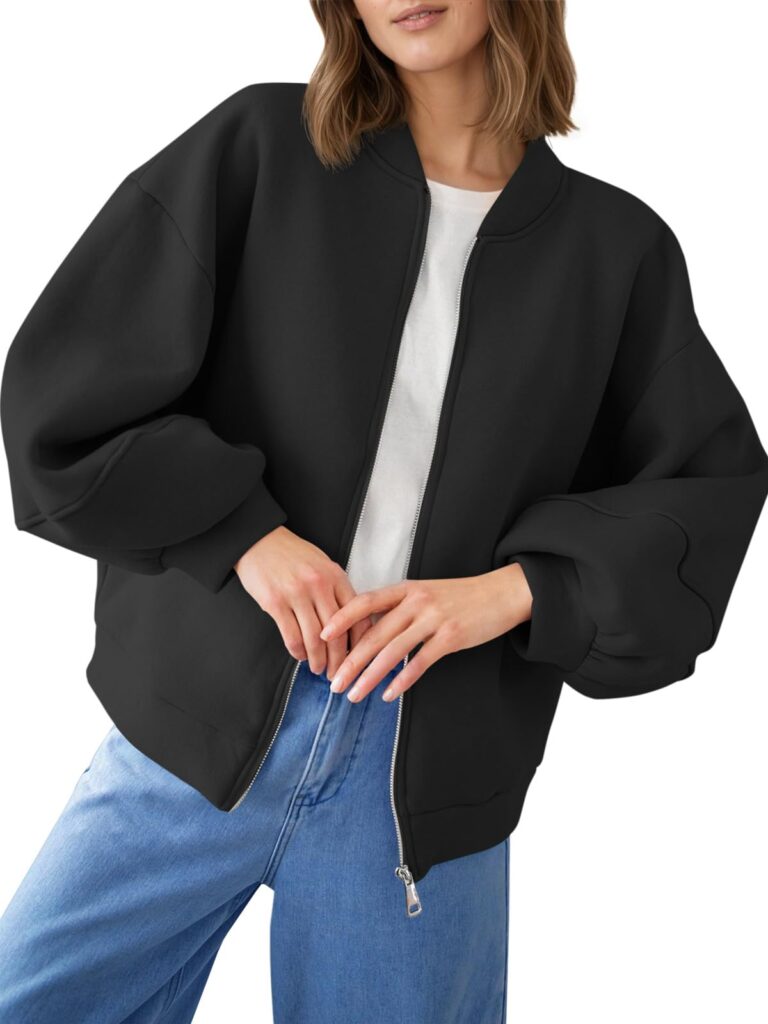 Fisoew Womens Zip Up Sweatshirt Casual Bomber Jacket Lantern Sleeve Oversized Jacket Fall Outfits 2025