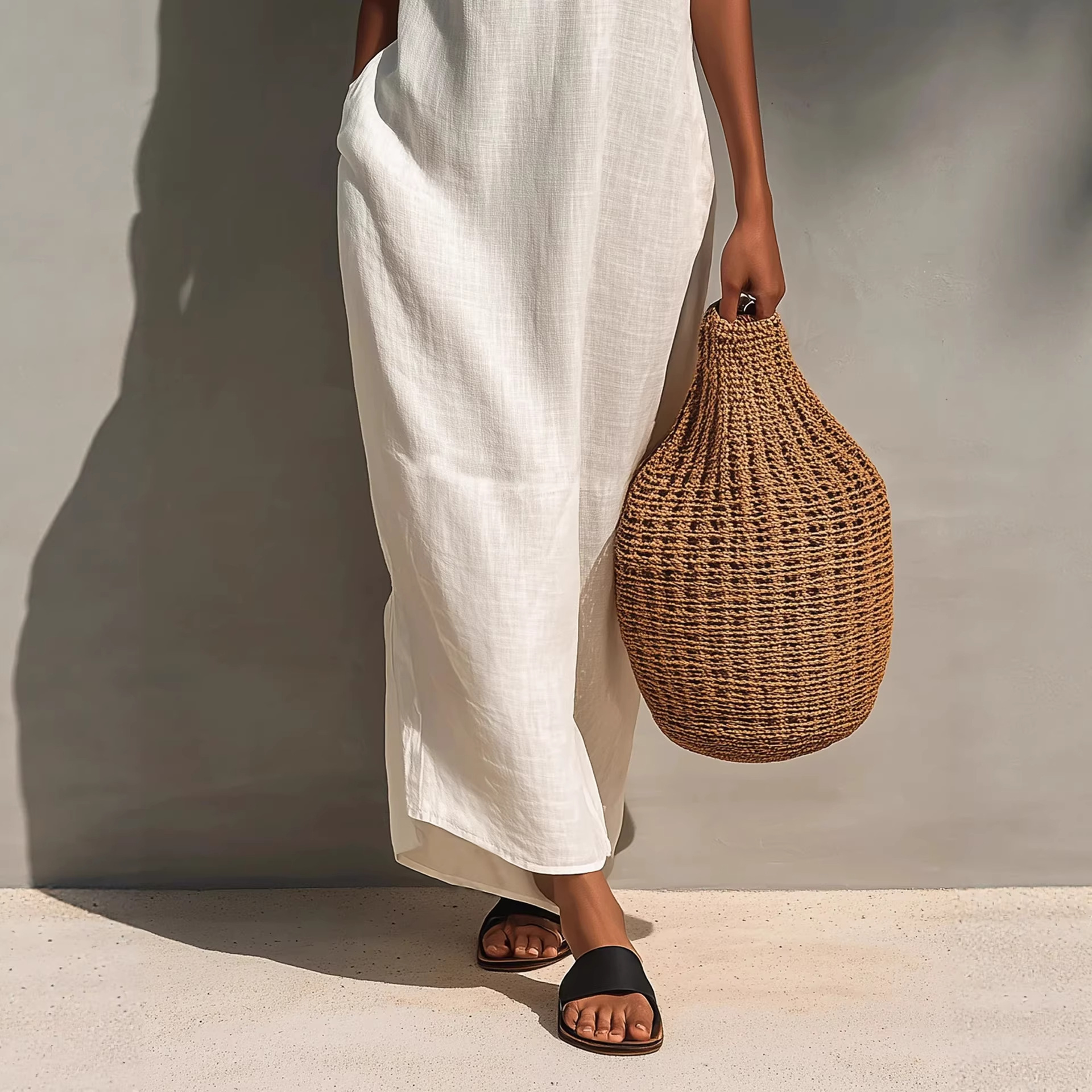 White Sleeveless Hollow-out V-Neck Long Loose Dress - Image 5