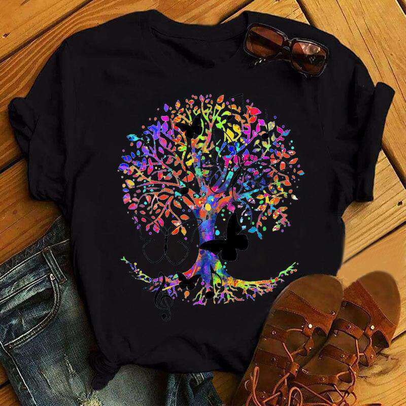 Color Butterfly Tree Round Neck Plus Size Bottoming Shirt - Image 12