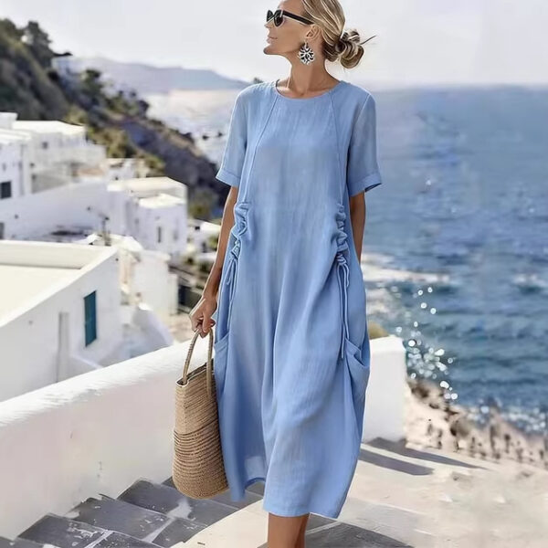 Womens Retro Waist-Cinched Drawstring Pocket Crew-Neck Short-Sleeve Dress - Image 5
