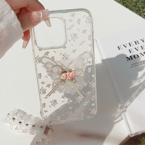 Aesthetic Embroidered Butterfly Flower Phone Case With A Transparent Lace Pendant - Image 4