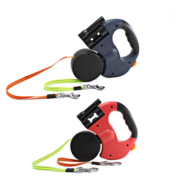 Dual Headed Pet Leashes with Flashlight Garbage Bag Box Automatic Retractable Dogs Traction Rope - Image 5