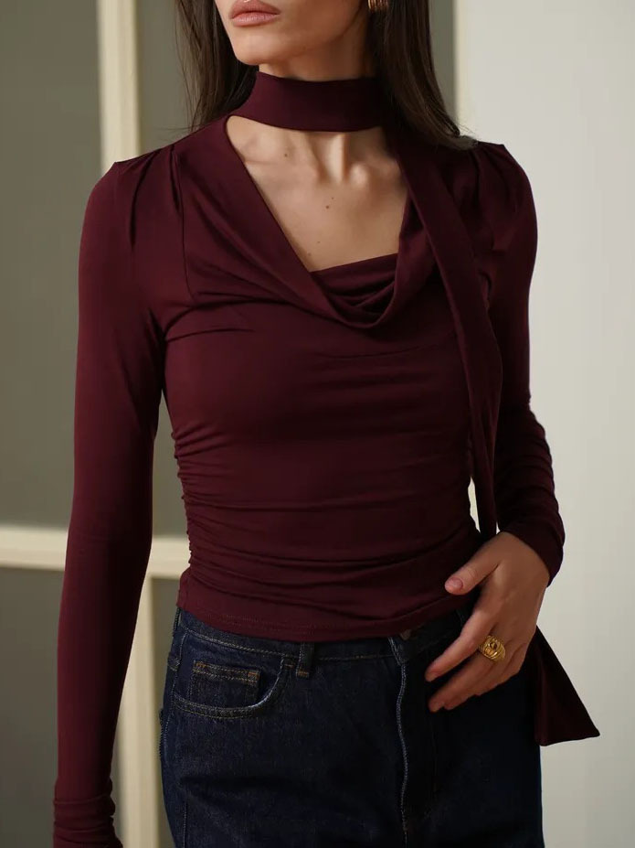 Ribbon V-neck Scarf Long-sleeved Base Shirt - Image 1