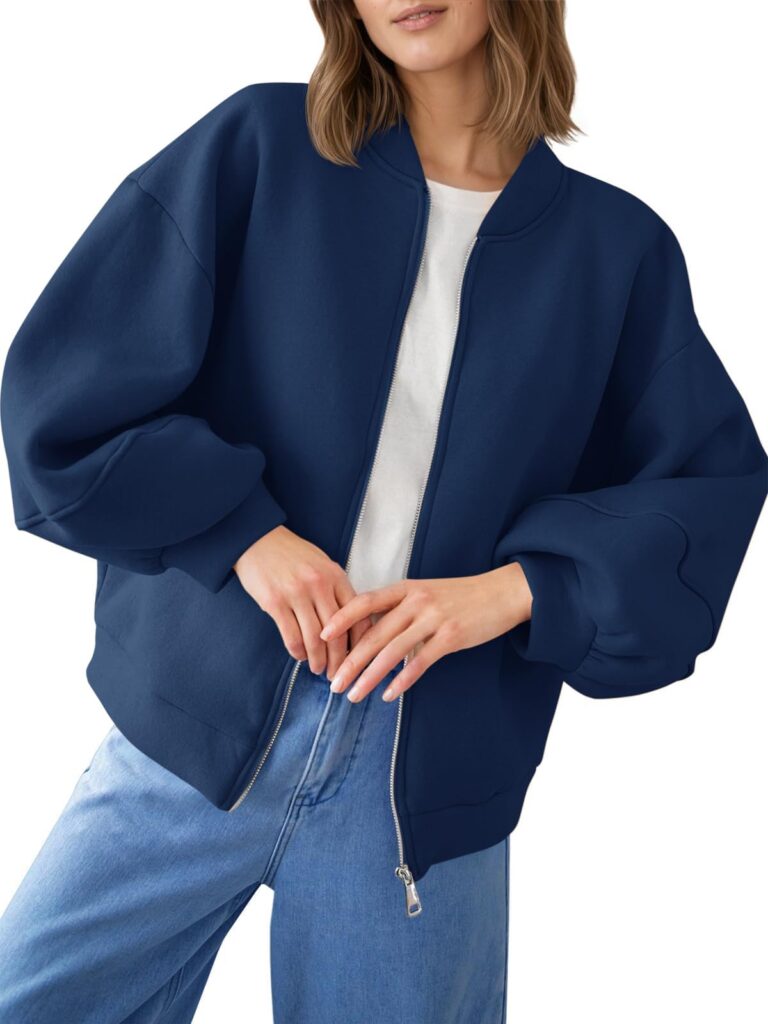 Fisoew Womens Zip Up Sweatshirt Casual Bomber Jacket Lantern Sleeve Oversized Jacket Fall Outfits 2025