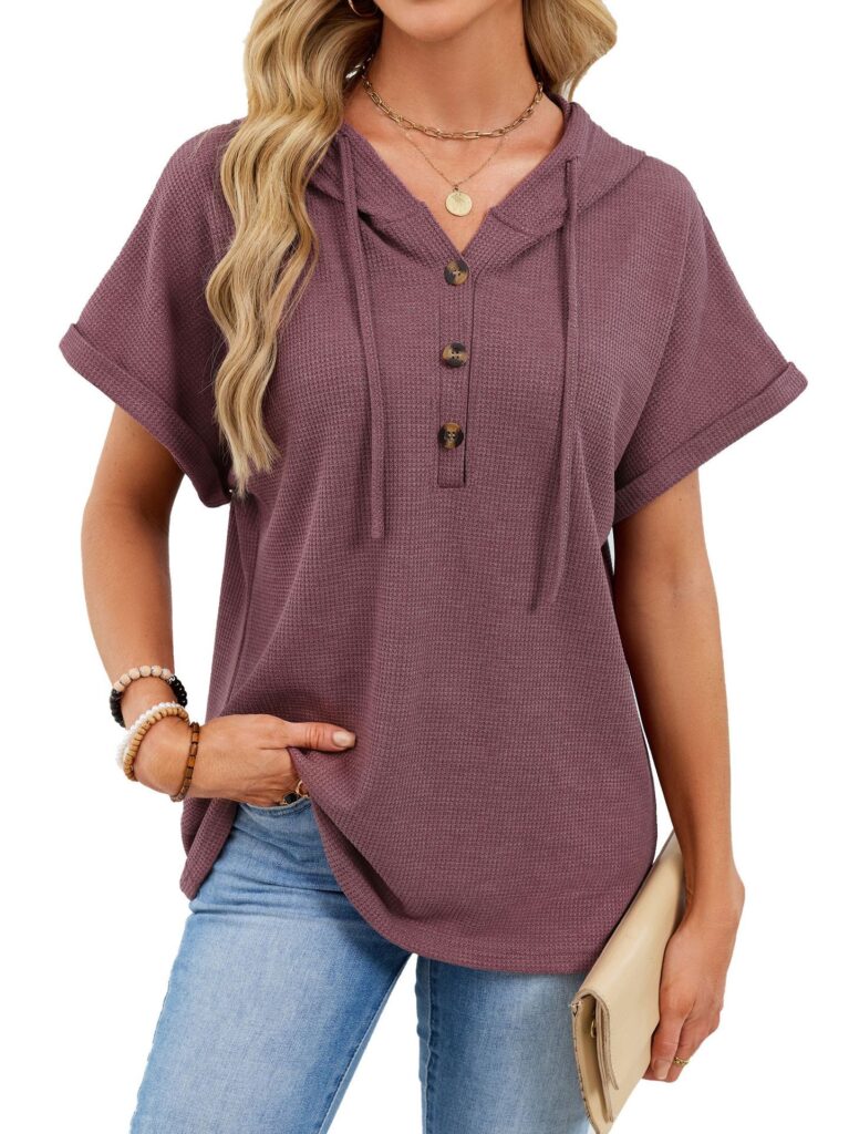 Womens Waffle-Weave Hooded Drawstring Short-Sleeve Top With Buttons