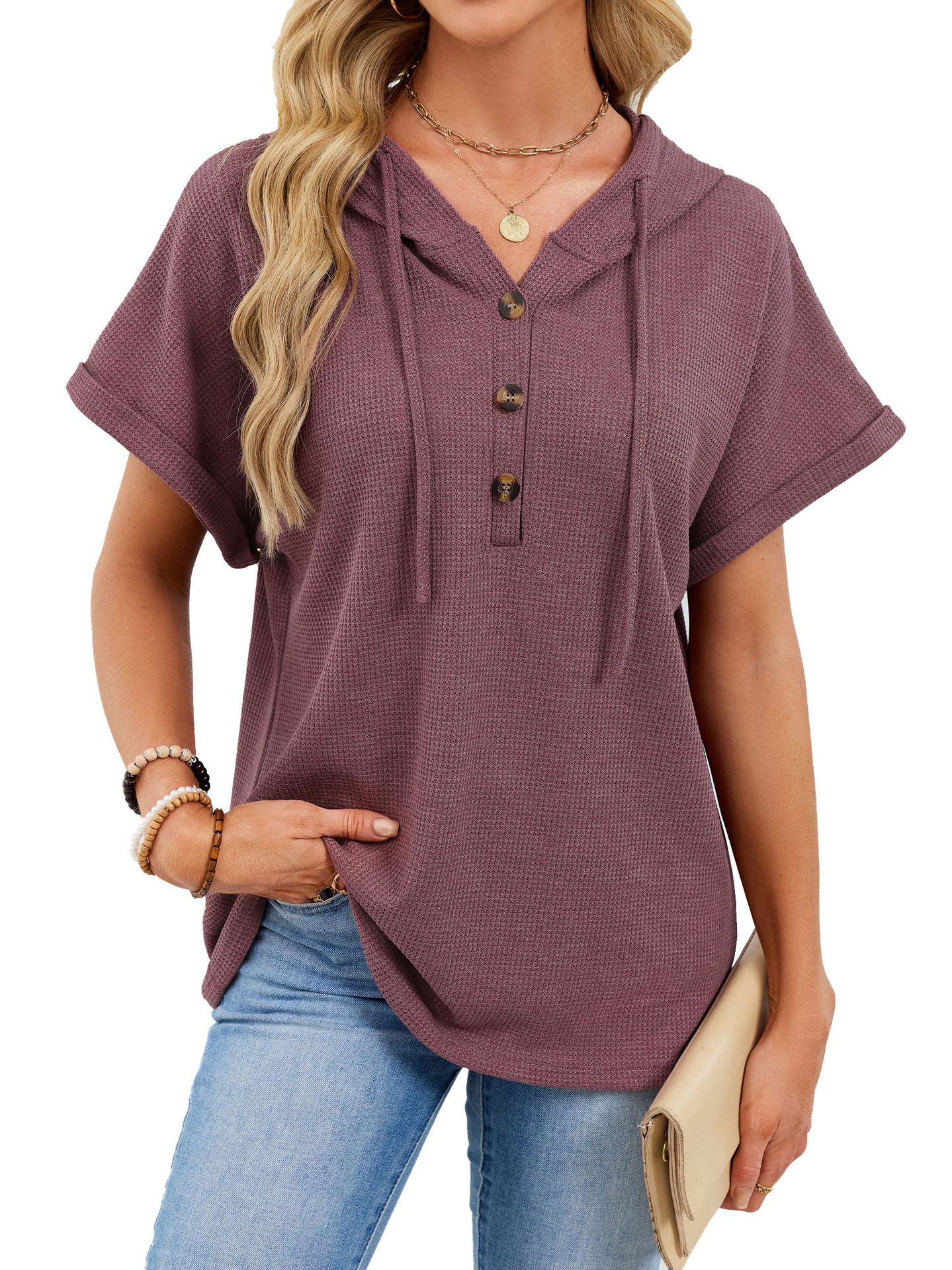 Womens Waffle-Weave Hooded Drawstring Short-Sleeve Top With Buttons - Image 2