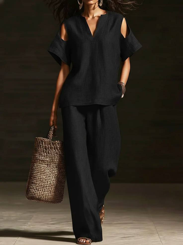 Womens Solid-Colored V-Neck Straight-Leg Pants Short-Sleeve Set With Ripped Details - Image 11