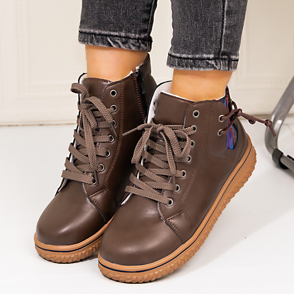 PU Casual Shoes With Front Laces, Winter Cotton Boots - Image 4