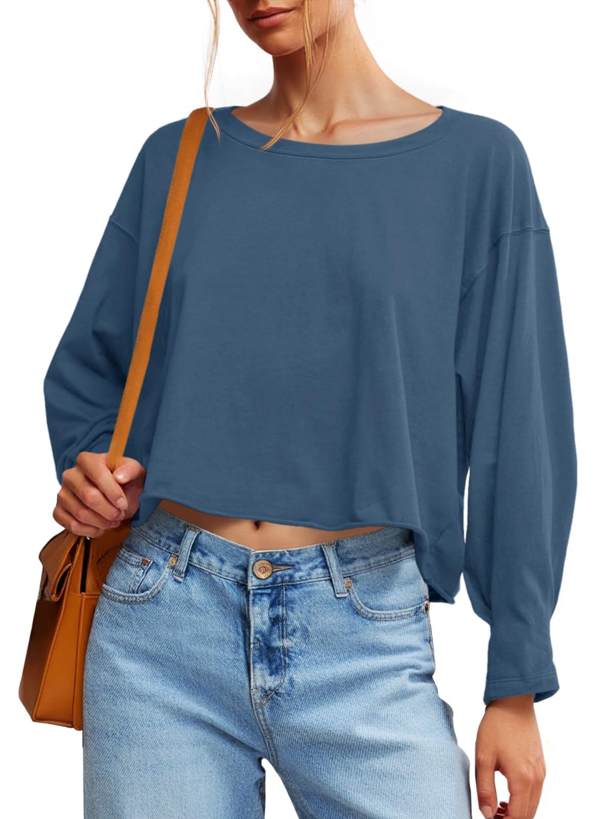 Fisoew Womens Long Sleeve Crop Tops Loose Fit Crew Neck Cropped T Shirts 2025 Casual Workout Tee Shirt Tops - Image 41