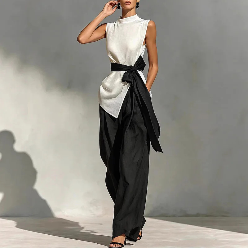 Womens Lace-Up Sleeveless Top And Wide-Leg Pants Two-Piece Set - Image 4