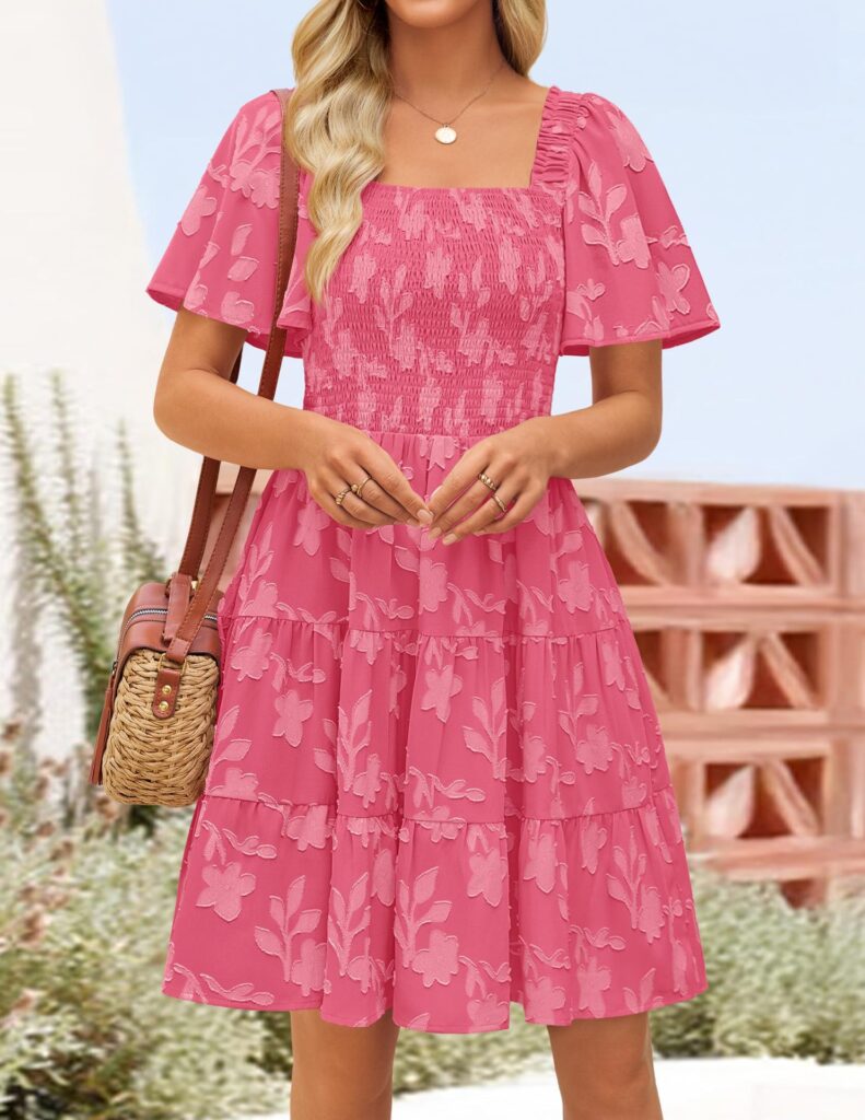 Short-sleeve Square-neck Flowy Floral Dress
