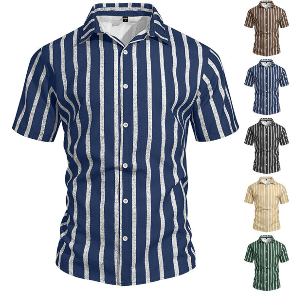Men's Plus-Size Light Mature Lapel Striped Short-Sleeve Shirt - Image 19