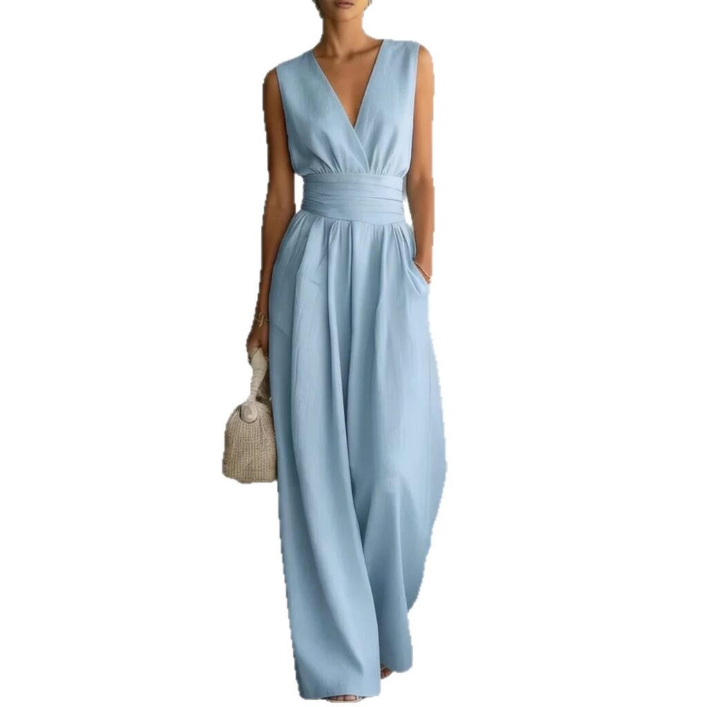 Womens Elegant Sleeveless Waist-Cinching V-Neck Sophisticated Jumpsuit