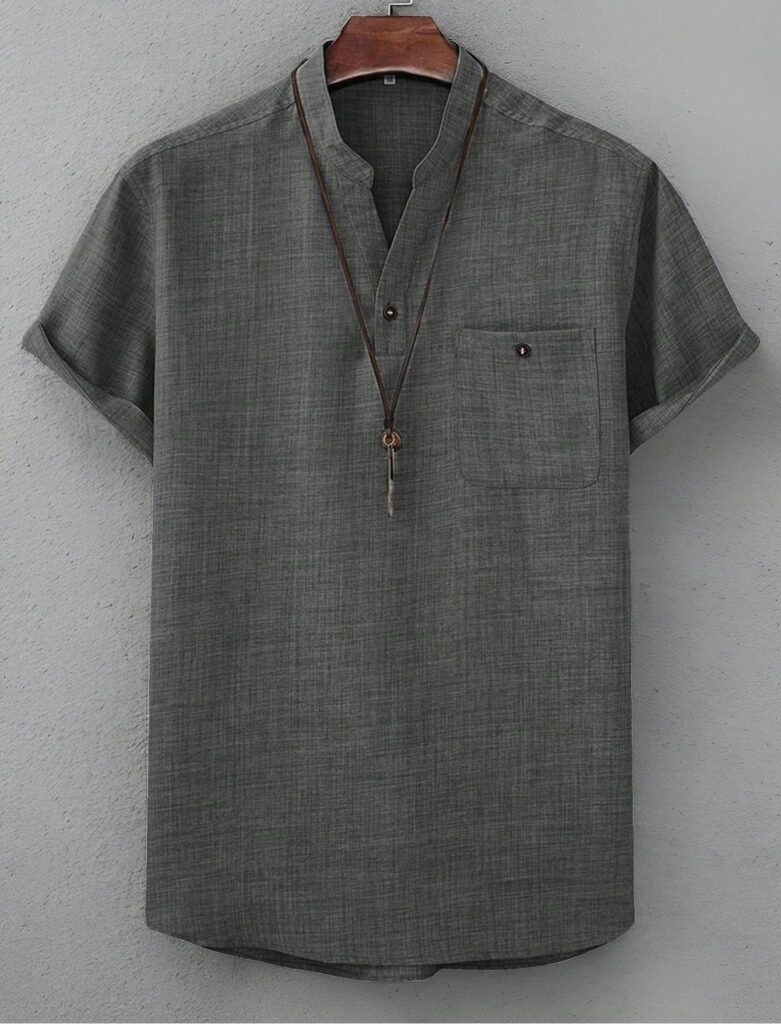 Mens Casual Short-sleeve Solid-color Shirt With A Turn-down Collar