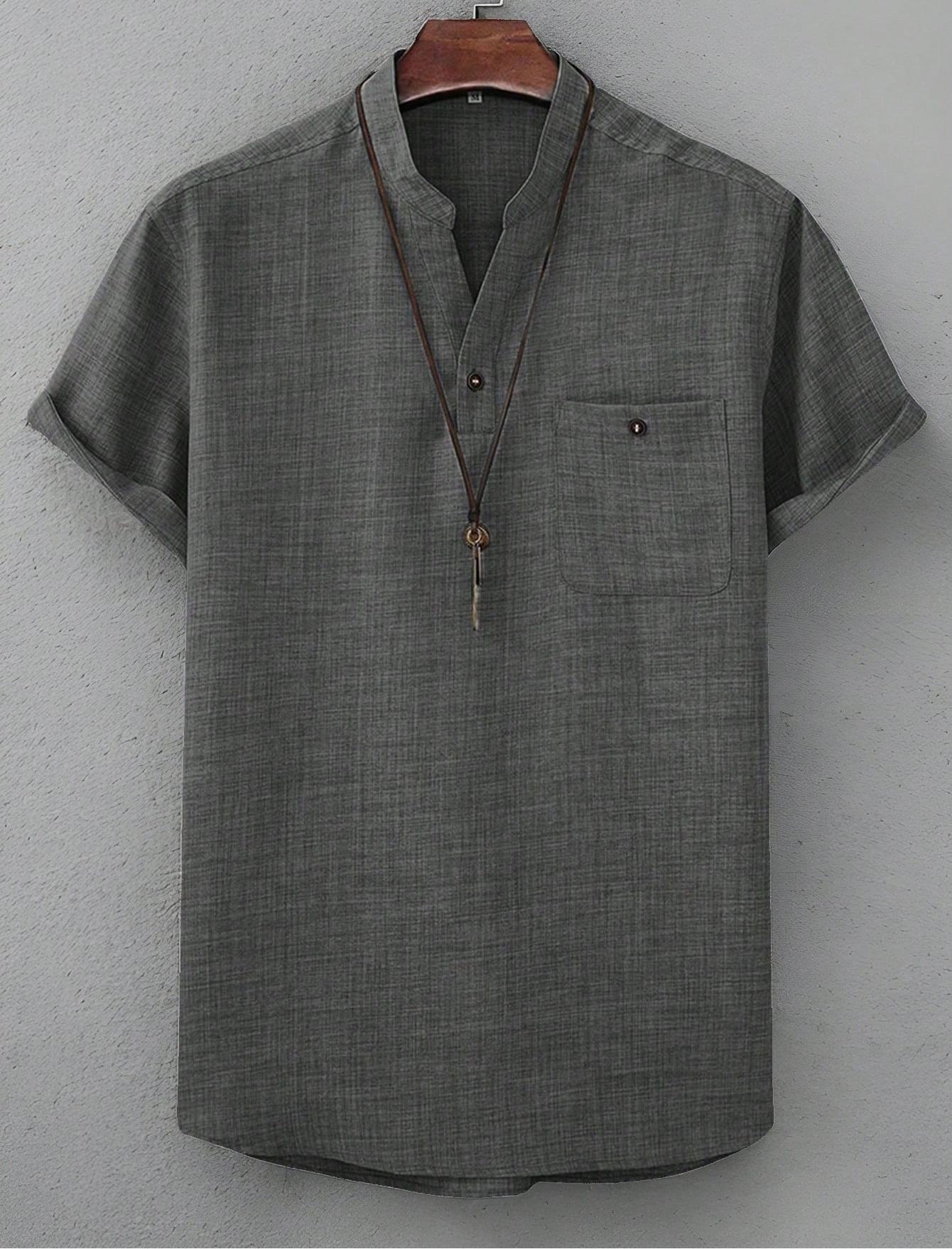 Mens Casual Short-sleeve Solid-color Shirt With A Turn-down Collar - Image 5