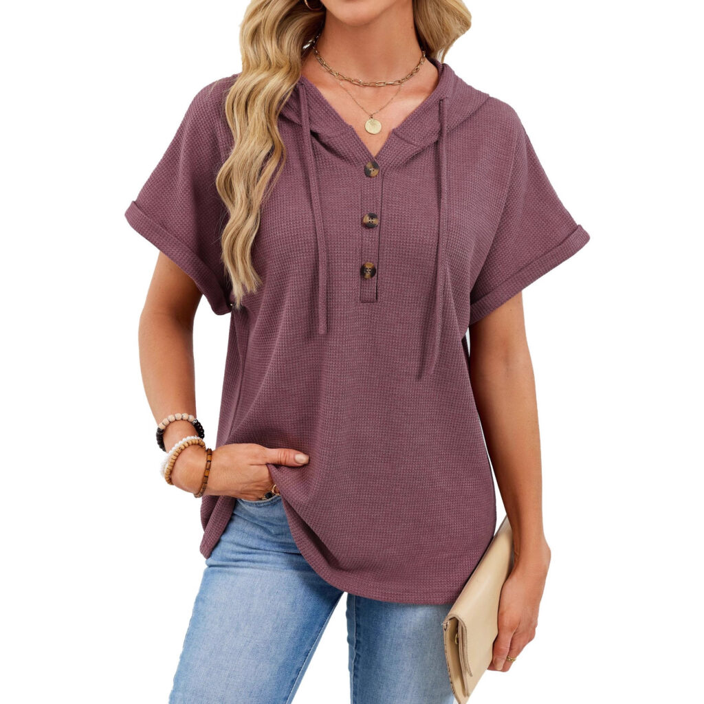 Womens Waffle-Weave Hooded Drawstring Short-Sleeve Top With Buttons
