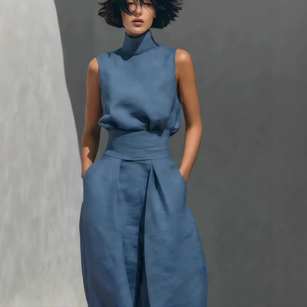 Womens Simple Cotton-Linen Blend Sleeveless Top And Wide-Leg Pants