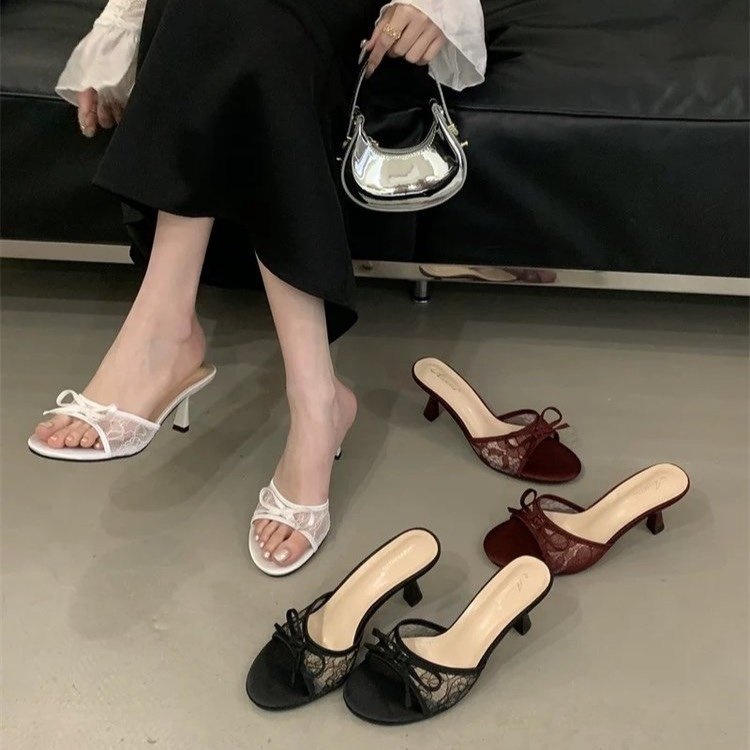 French Style Lace Bow Kitten Heel Mules For Women - Image 1