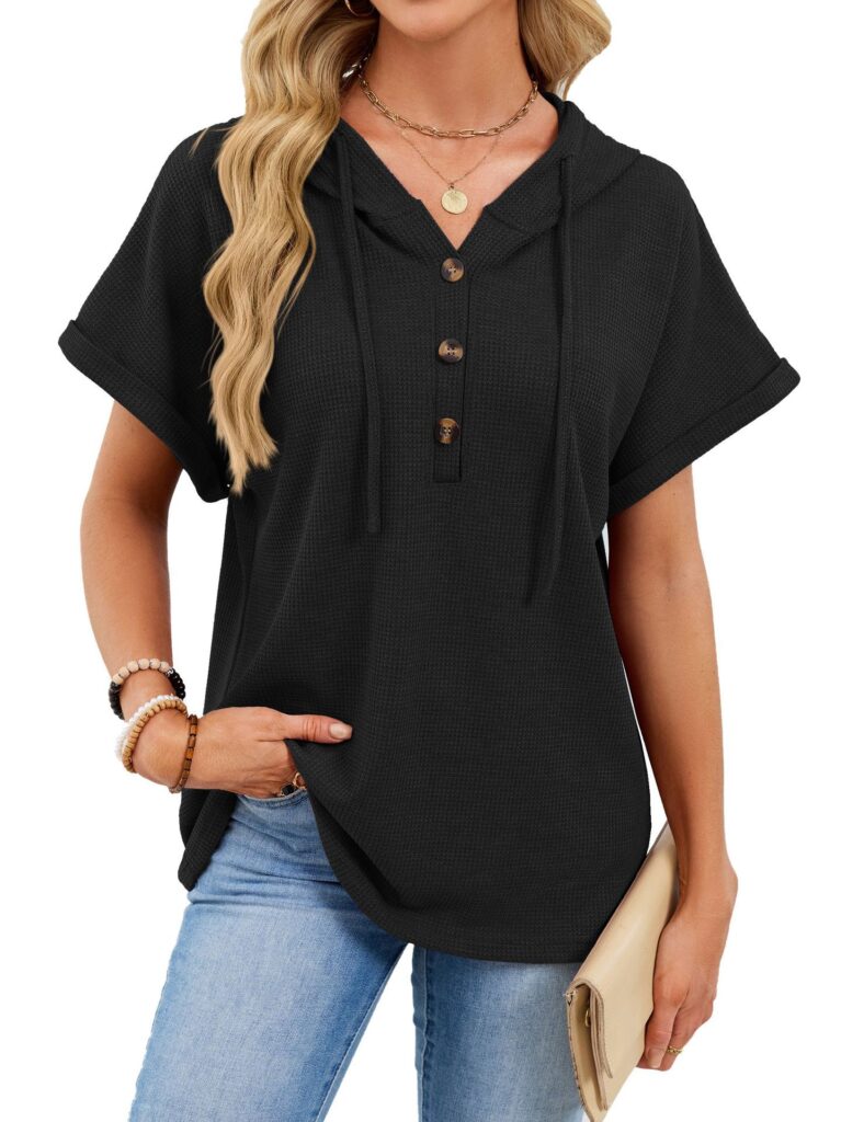 Womens Waffle-Weave Hooded Drawstring Short-Sleeve Top With Buttons