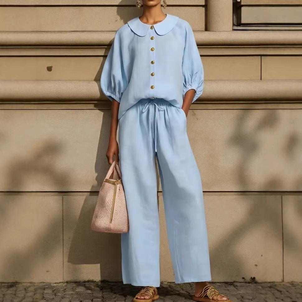 Fashionable Collar Shirt And Wide-Leg Pants Linen Two-Piece Set - Image 1