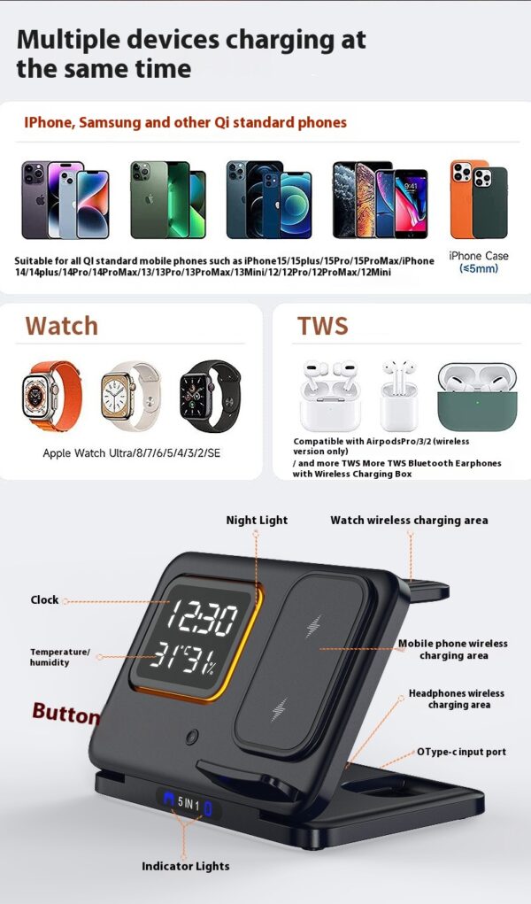 15W Wireless Chargers Stand 5 In1 LED Digital Alarm Clock Fast Charging Dock Station - Image 14