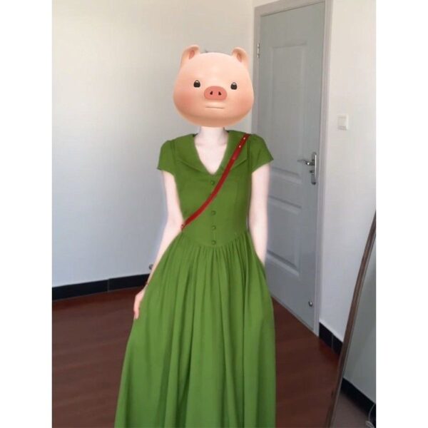 Womens Fashion Lapel Collar Retro Defined Waist Short-Sleeve Dress - Image 4
