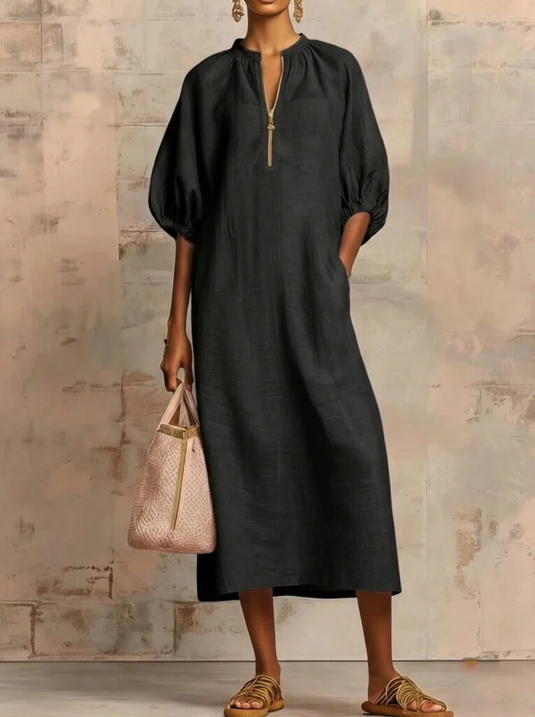 Womens Solid-Colored Cotton-Linen Loose-Fit Casual Puff-Sleeve Dress