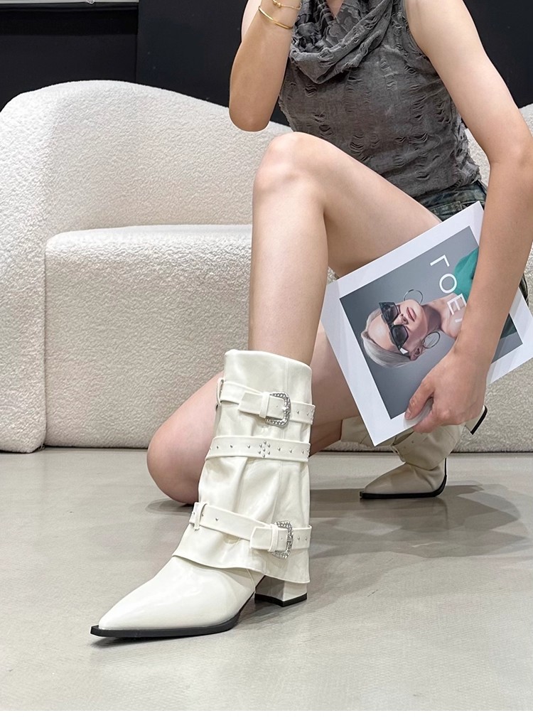 High-heeled Elegant Shaft-style Studded Belt-buckle Fashion Ankle Boots